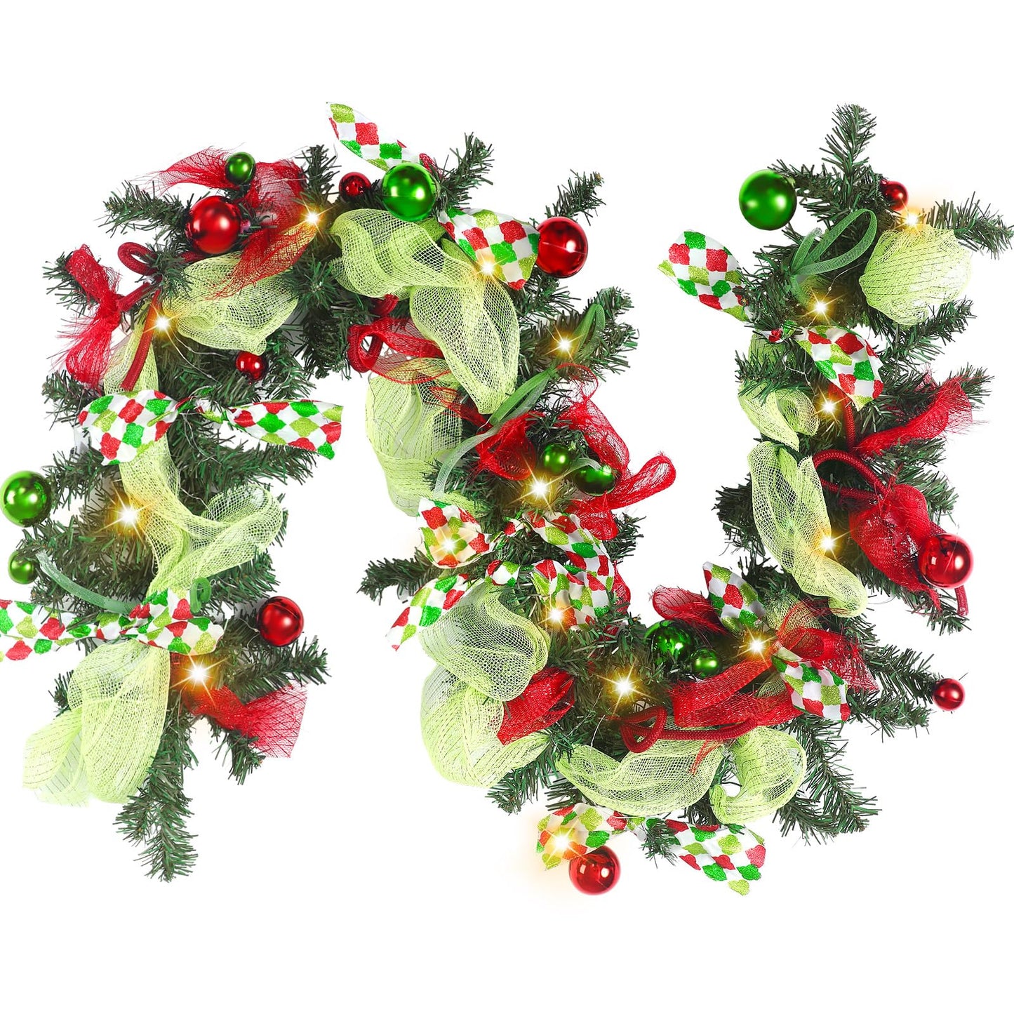Riceshoot 6 ft Red and Green Christmas Garland with Lights for Mantle Bright Green Whimsical Xmas Garland with Red Green Balls for Front Door Fireplace Porch Table Centerpiece Outdoor Party Decor