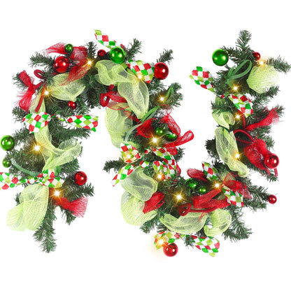 Riceshoot 6 ft Red and Green Christmas Garland with Lights for Mantle Bright Green Whimsical Xmas Garland with Red Green Balls for Front Door Fireplace Porch Table Centerpiece Outdoor Party Decor
