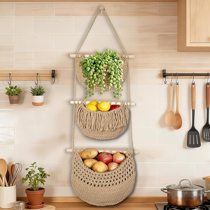 3 Tier Hanging Fruit Baskets for Kitchen, Boho Cotton Rope Handwoven Vegetable