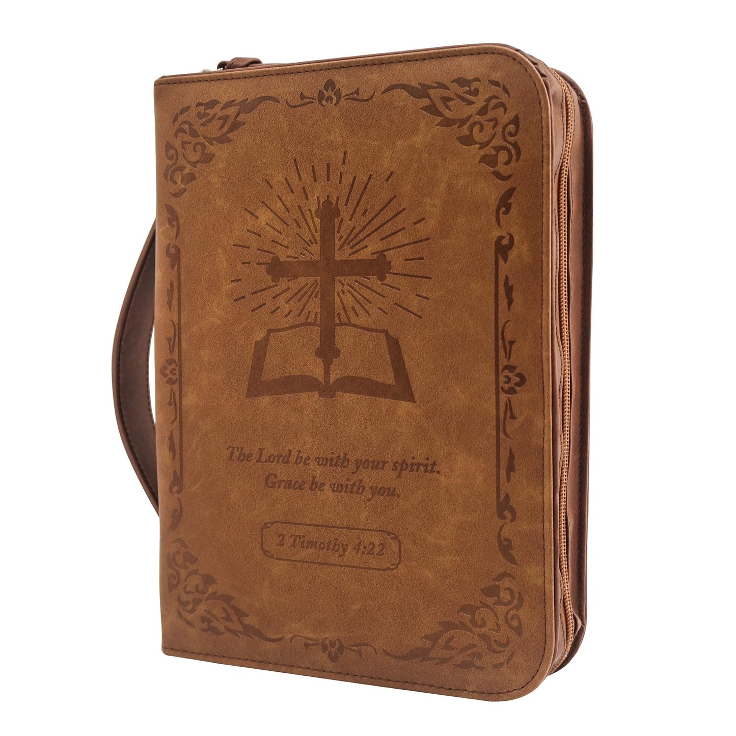 GraduatePro Bible Case Large Leather with Zip Handle for Men Women Book Bag Church Study Durable Christian Brown-Cross