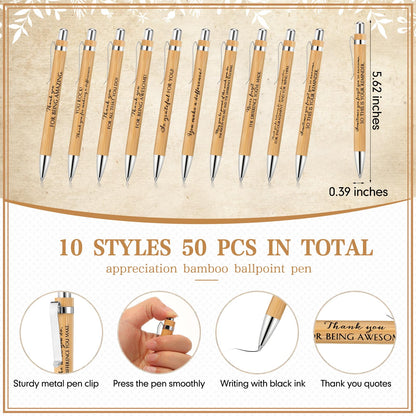 ReliThick 50 Sets Employee Appreciation Gift Bulk Inspirational Bamboo Ballpoint Pen with Thank You Greeting Card Graduation Appreciation Gift for Teacher Coworker Nurse Staff Student Office Team
