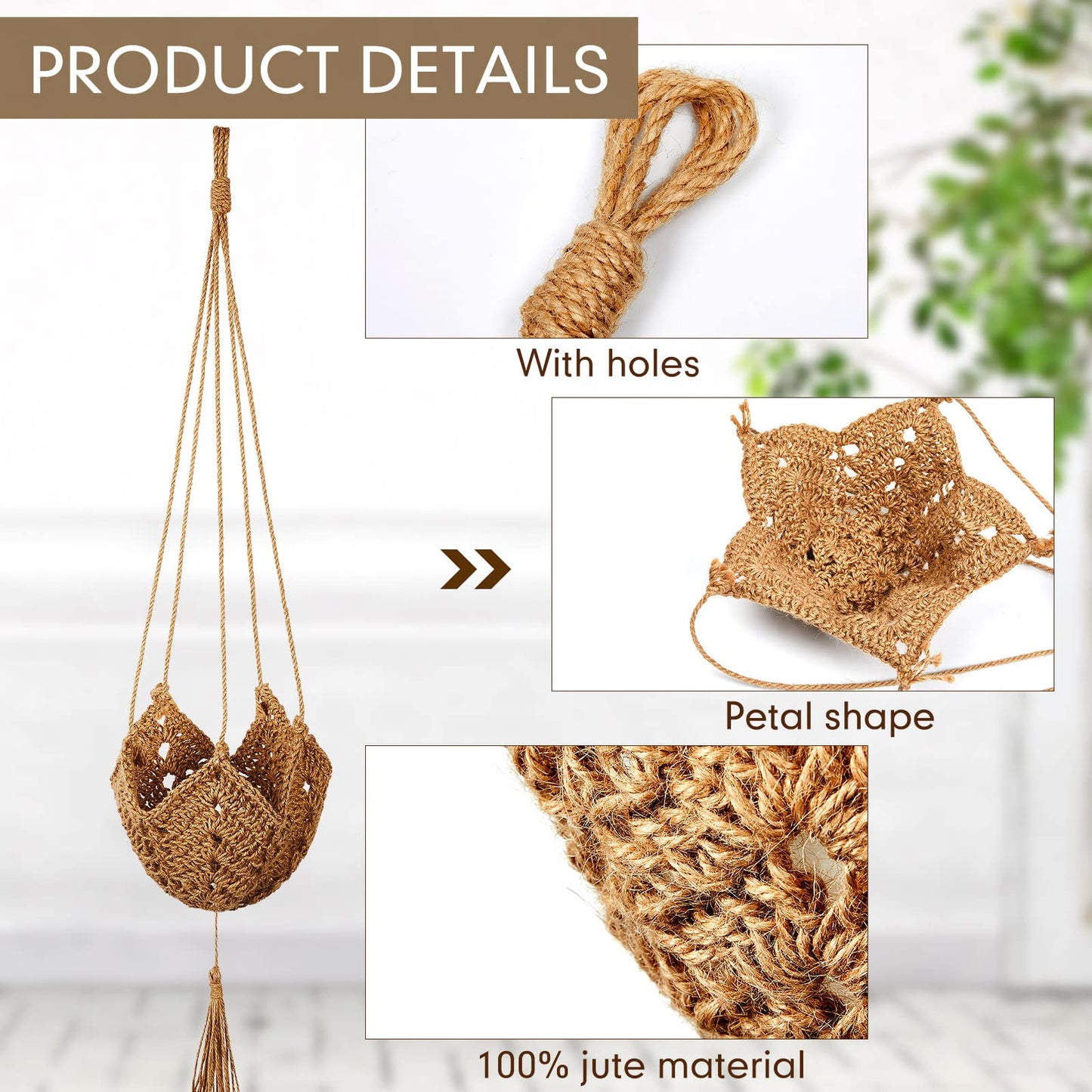 Shappy 2 Pack Jute Crochet Long Plant Hanger for 3 Inch to 12 Inch Pots, Macrame Plant Holder Rope with S Shaped Hooks for Halloween Home Decor (Brown)