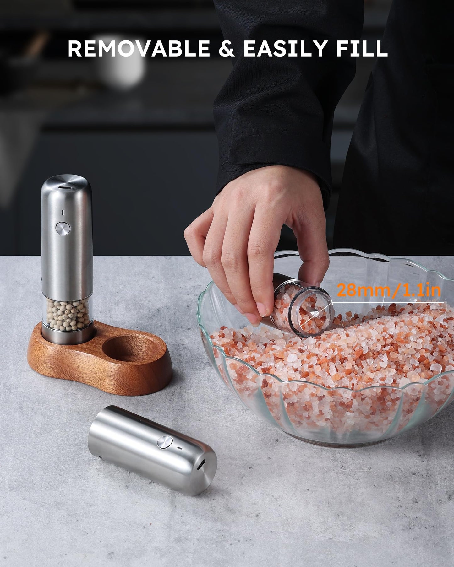 FORLIM Mini Electric Salt and Pepper Grinder Set with Wood Base, USB Rechargeable, Small Automatic Salt Pepper Mill Grinder, Travel/Outdoor BBQ/Children, One-Button Control (2 Packs, Stainless Steel)