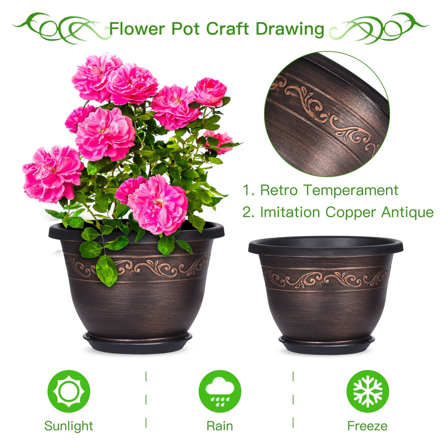 20cm-Plastic-Plant-Flower-Planters Indoor Outdoor, 6 Packs Lightweight Flower Pot With Drainage Hole & Saucer, Retro Antique Imitation Decorative Garden Pots For Houseplants