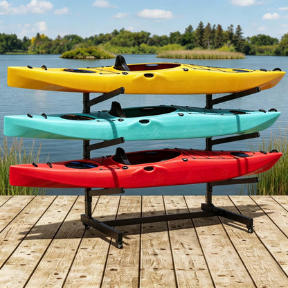 Baotree Heavy Duty Freestanding Kayak Storage Rack, Adjustable Metal Stand for 3 Kayaks, Canoes, SUPs, Paddleboards & Surfboards with Lockable Wheels, Indoor & Outdoor Use
