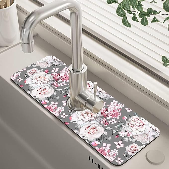 Watercolor Rose Peony Floral Dish Drying Mat