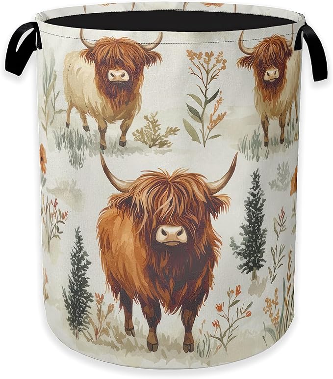 Laundry Hamper, Highland Cow Laundry Basket, Farmhouse Watercolor Flower