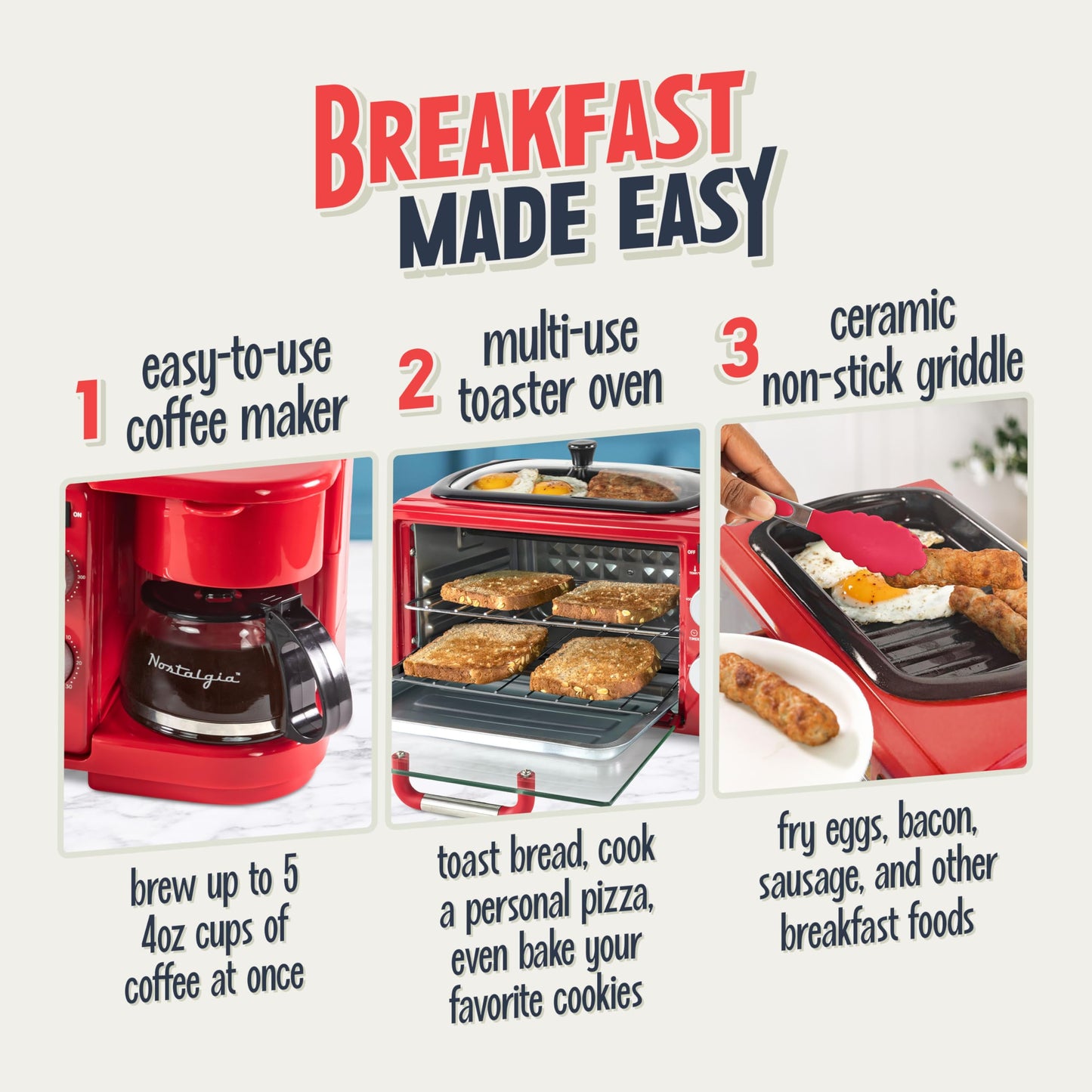 Nostalgia 3-in-1 Breakfast Station - Includes Coffee Maker, Non-Stick Griddle, and 4-Slice Toaster Oven - Versatile Breakfast Maker with Timer - Aqua