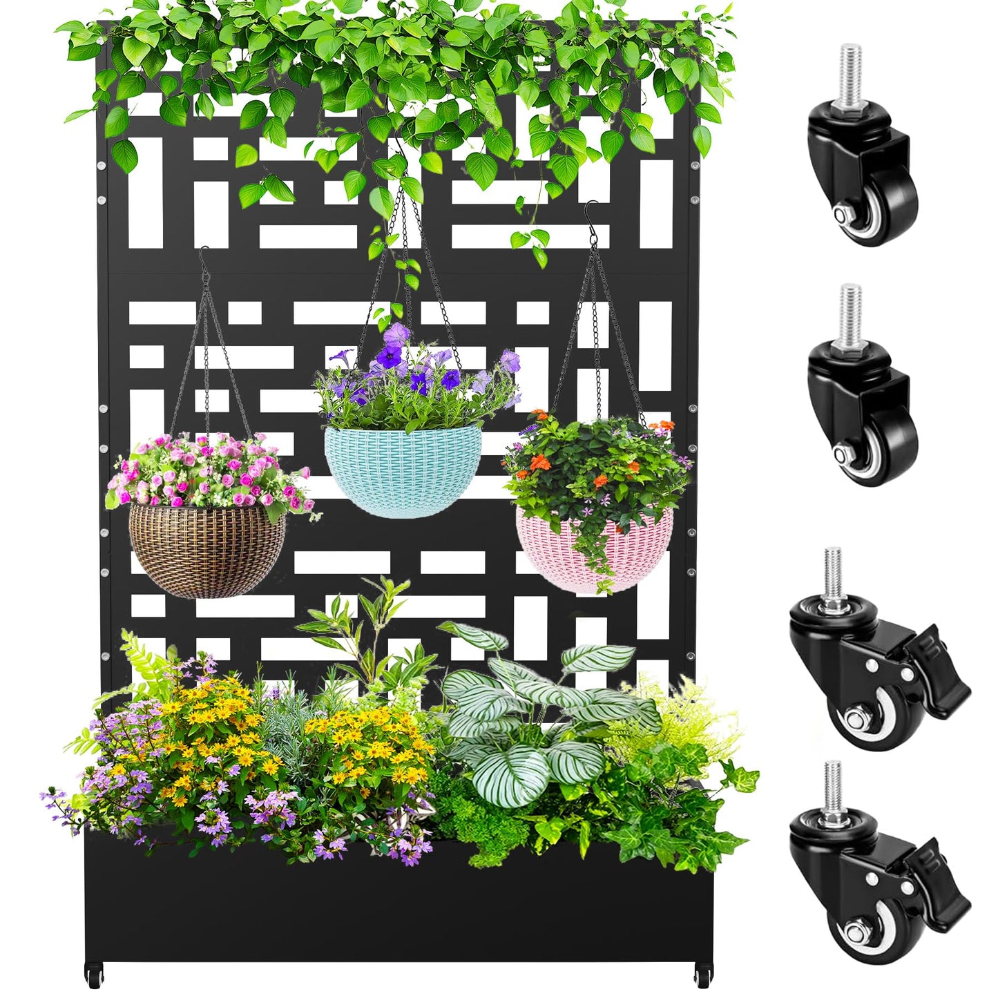 Nexum Metal Planter Box with Trellis & Wheels, 71"x47"x16" Planter Boxes Outdoor with Drainage Holes, Privacy Planters for Patio, Balcony, Backyard, Poolside
