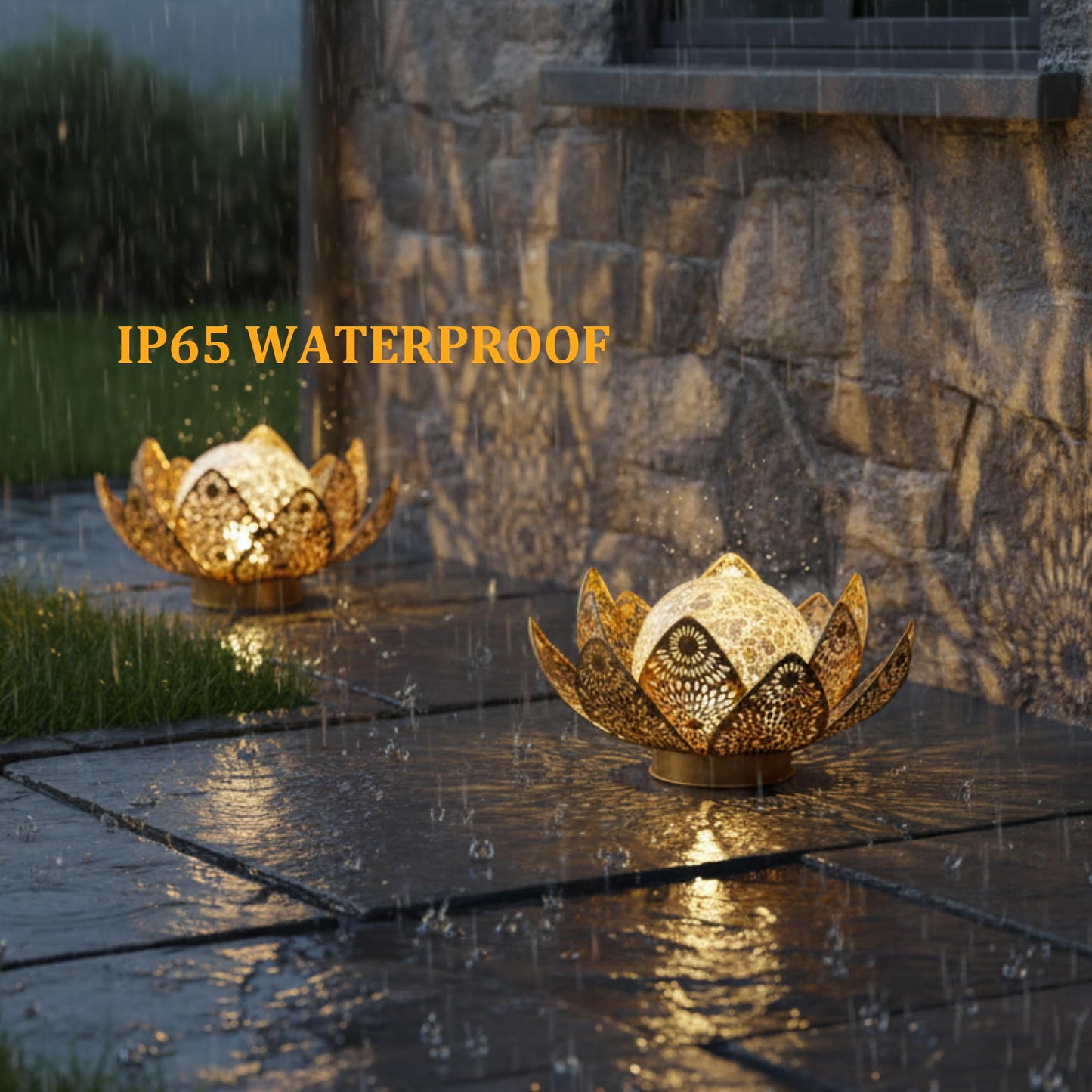 Cubular Solar Lights Outdoor Waterproof IP65 - Lotus Flower Lantern with Crackle Glass & Metal Petals, Garden Decor for Patio, Pathway, Lawn - Auto On/Off Gift for Women, Mom, Housewarming