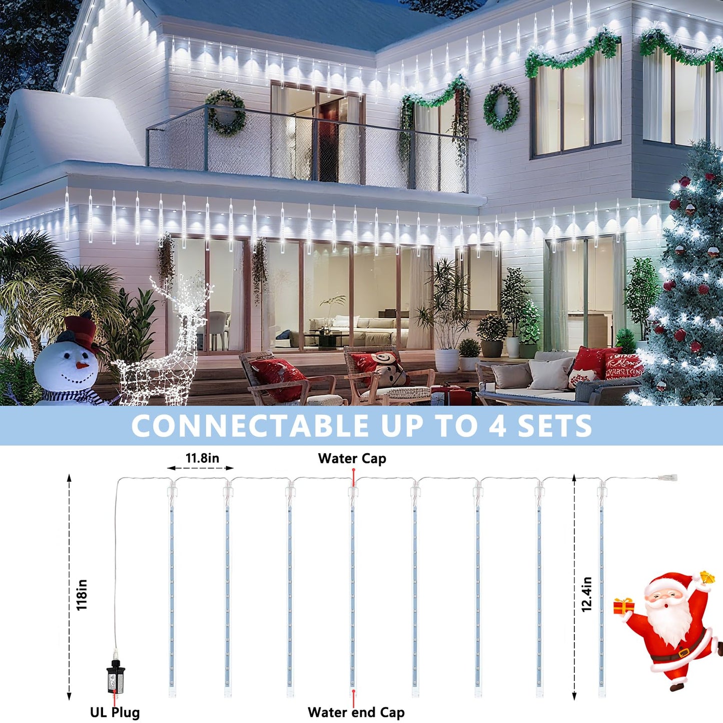 2 Pack Christmas Lights Outdoor, Expandable Meteor Shower Lights with Timer, Waterproof Falling Rain Light with 16 Tubes 384 LED Plug in, Suitable for Garden House Xmas Tree Decorations (Cool White)
