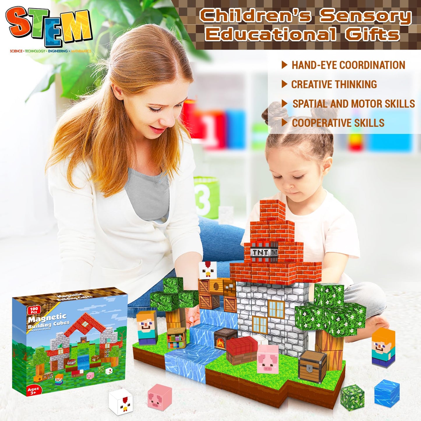 Goody King Magnetic Blocks |100PCS Magnetic Building Cube Game, Constructions Toys for Boys & Girls Age 3-4, 5 6 7 8 9 10, STEM Montessori Stacking Toy, Sensory Tiles Building Birthday for Toddlers