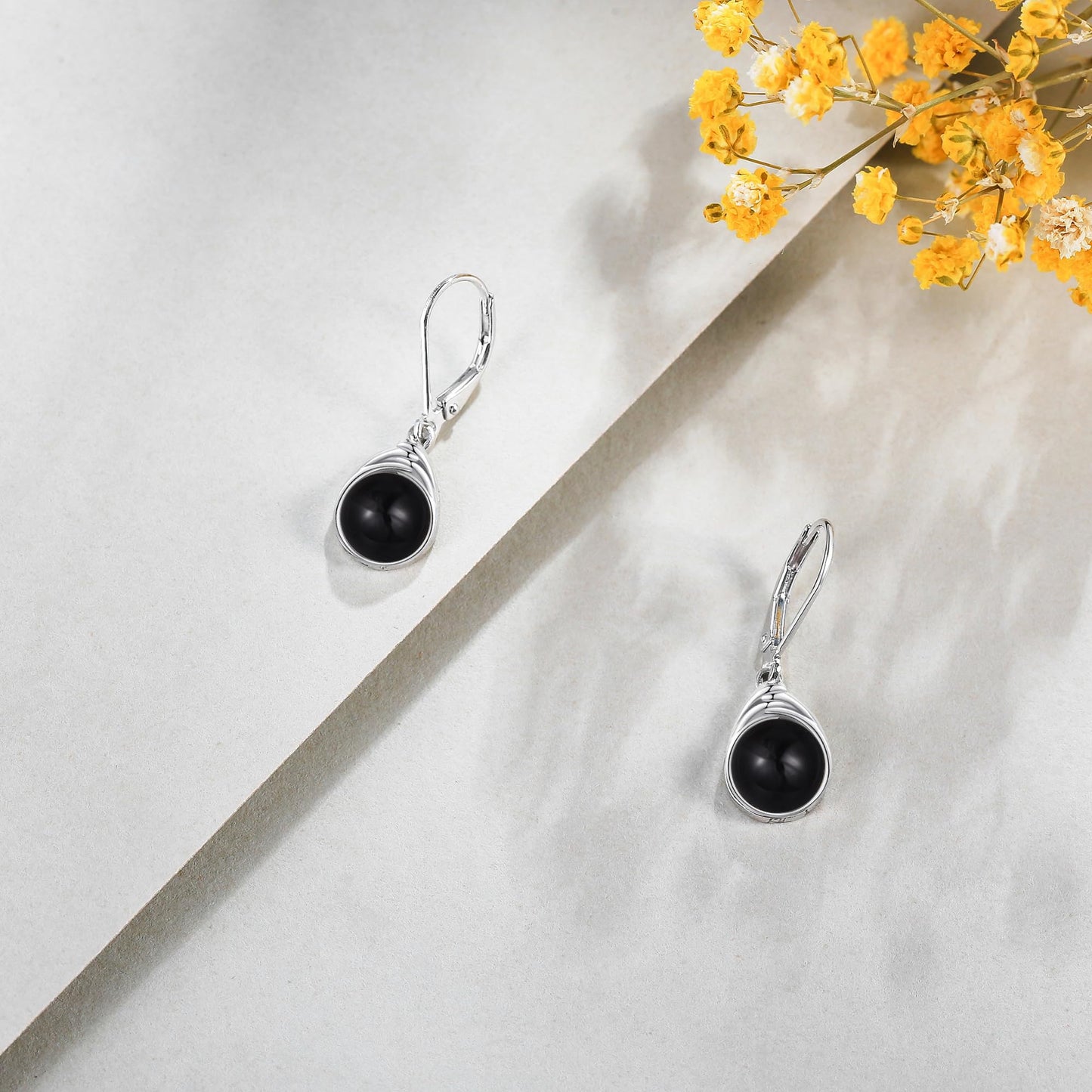 POPLYKE Black Agate Earrings for Women Sterling Silver Round Black Agate Leverback Earrings Dangle Earrings Jewelry Gifts Christmas Birthday