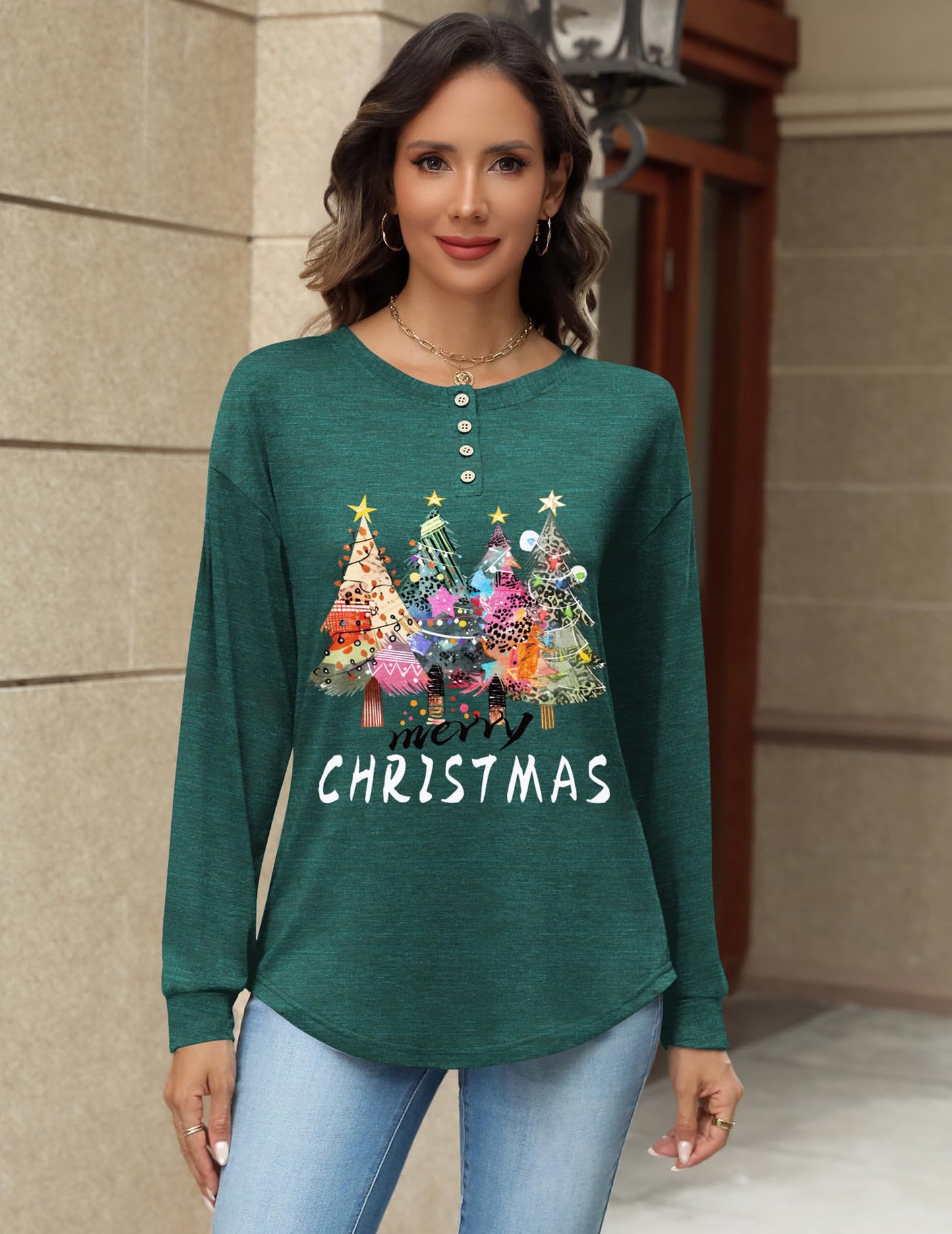Zeagoo Long Sleeve T Shirt Women with Christmas Tree Pattern Flowy and Casual Perfect for Festive Gatherings