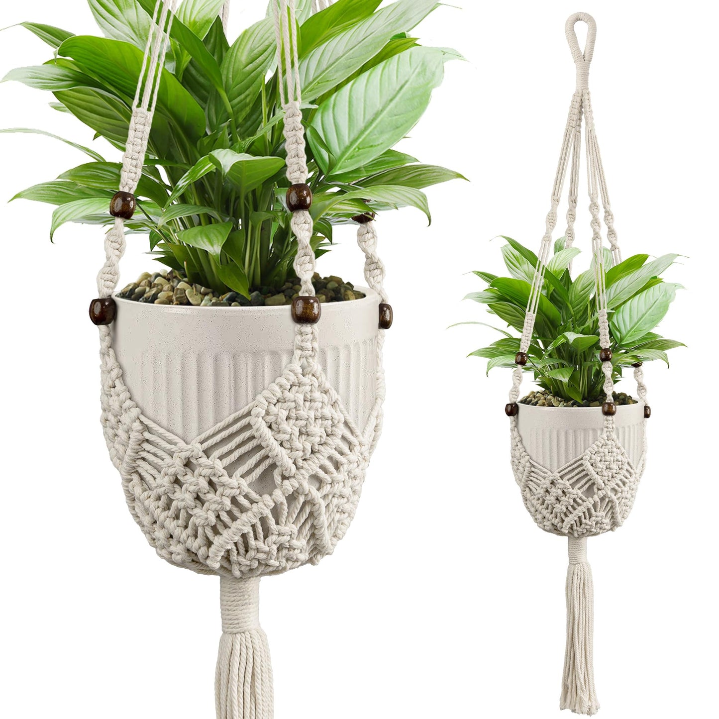 IDEEEPAN Macrame Plant Hanger - Fits 3 to 6 inches Pots for Indoor Outdoor, 35 Inch, Set of 2, Ivory (POTS NOT Included)