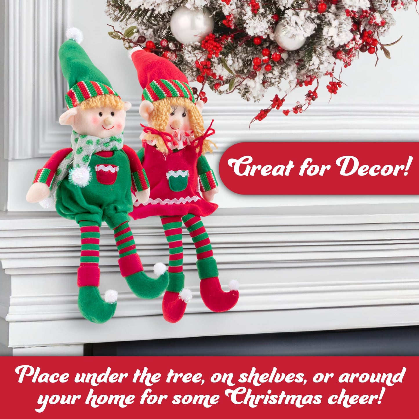 Elf Plush Christmas Stuffed Dolls, Set of 2-18" Boy and Girl Elves Holiday Cute Plush Shelf Toys - Fun Kids Buddy Figurine Decorations, Christmas Winter Holiday Party Festive Decor and Gift Exchange