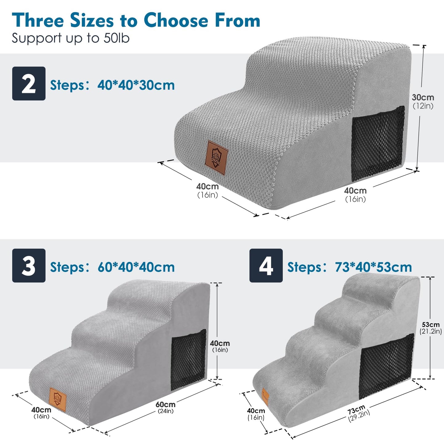 Myiosus Dog Steps for Sofa/Bed, Foam Dog Stairs with Removable Waterproof Cover, Non-Slip Pet Steps for Small Dogs & Cats, Injured Pets up to 50 lbs, 30 cm High Steps for Dogs to Get on the Bed, Grey