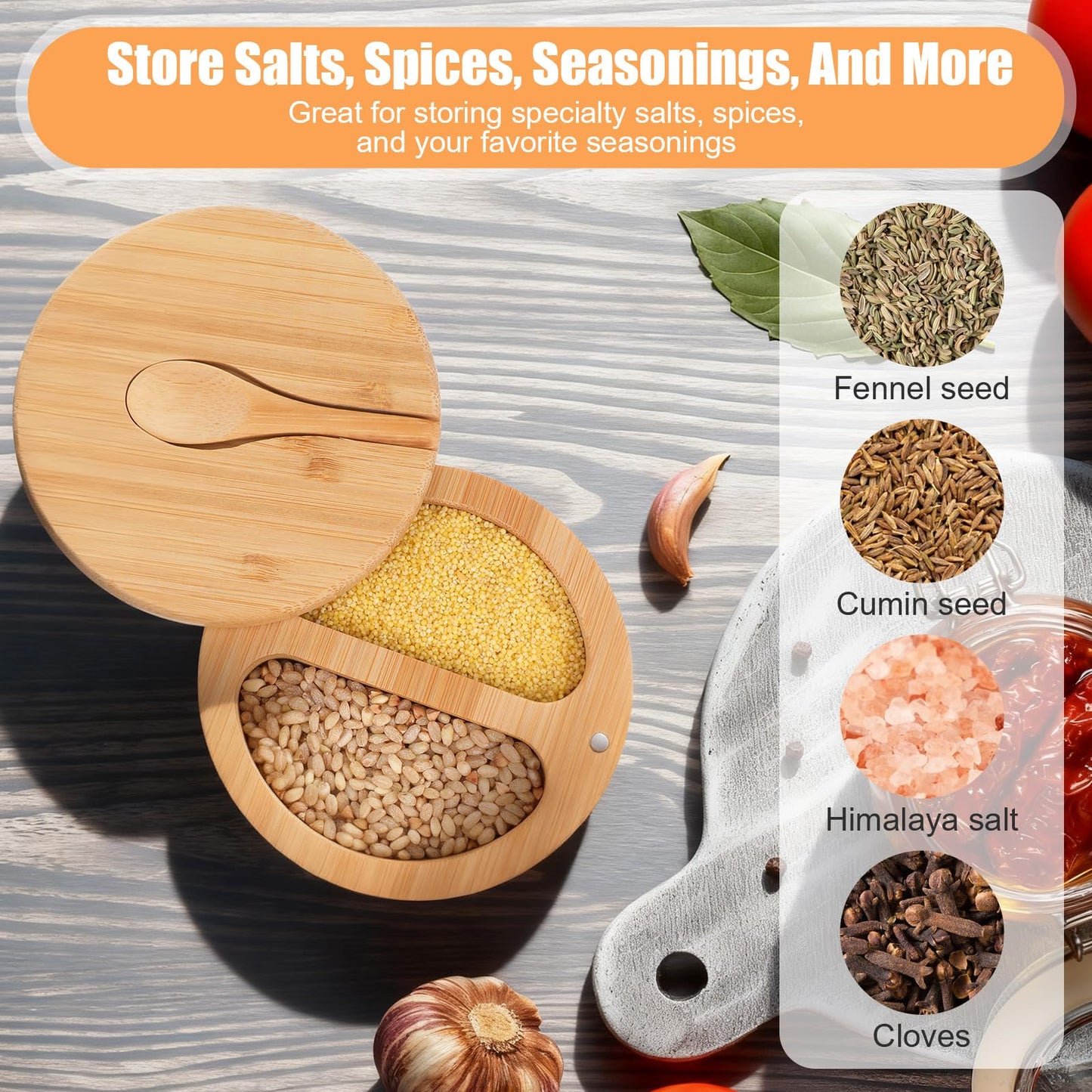 SHENLIU 2 Pack Acacia Wood Salt and Pepper Bowl Box, Built-in Spoon, 2 & 3 Compartments Spices Seasoning Container, Sea Salt Cellar Holder, Magnetic Swivel Lid Bamboo Salt Box for Salt Sugar Pepper