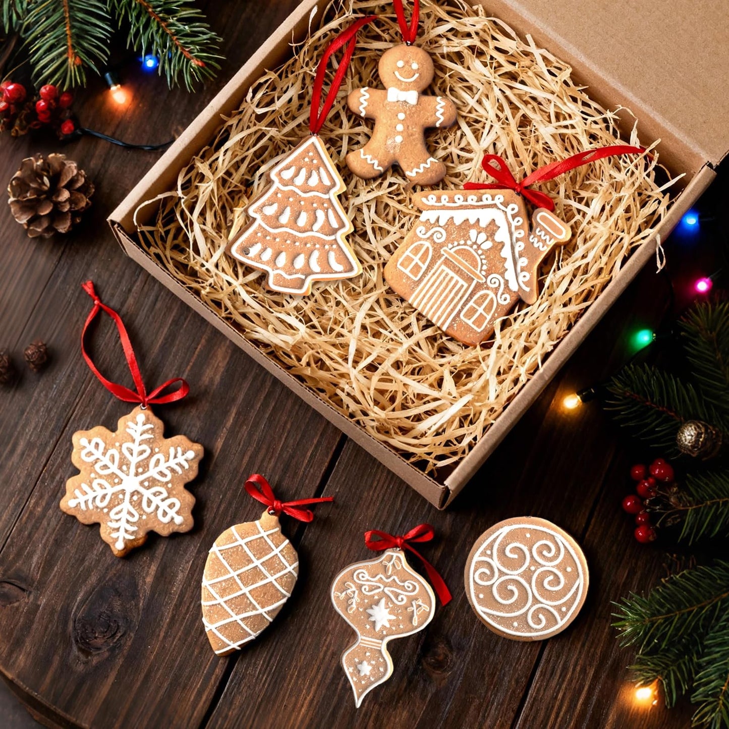 12 Pcs Gingerbread Cookie Ornaments, Funny Christmas Tree Cookie Decorations, Xmas Tree Snowflake Gingerbread Shaped Ornament for Xmas Winter Holiday Crafts Decor Indoor