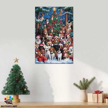 GUTTATY Christmas Canvas Wall Art, Cute Dog Christmas Canvas Wall Decor, Cartoon Christmas Tree Pictures Framed, Winter Scene Canvas Art, Christmas Theme Wall Art Decor for Living Room 18x24 Inch