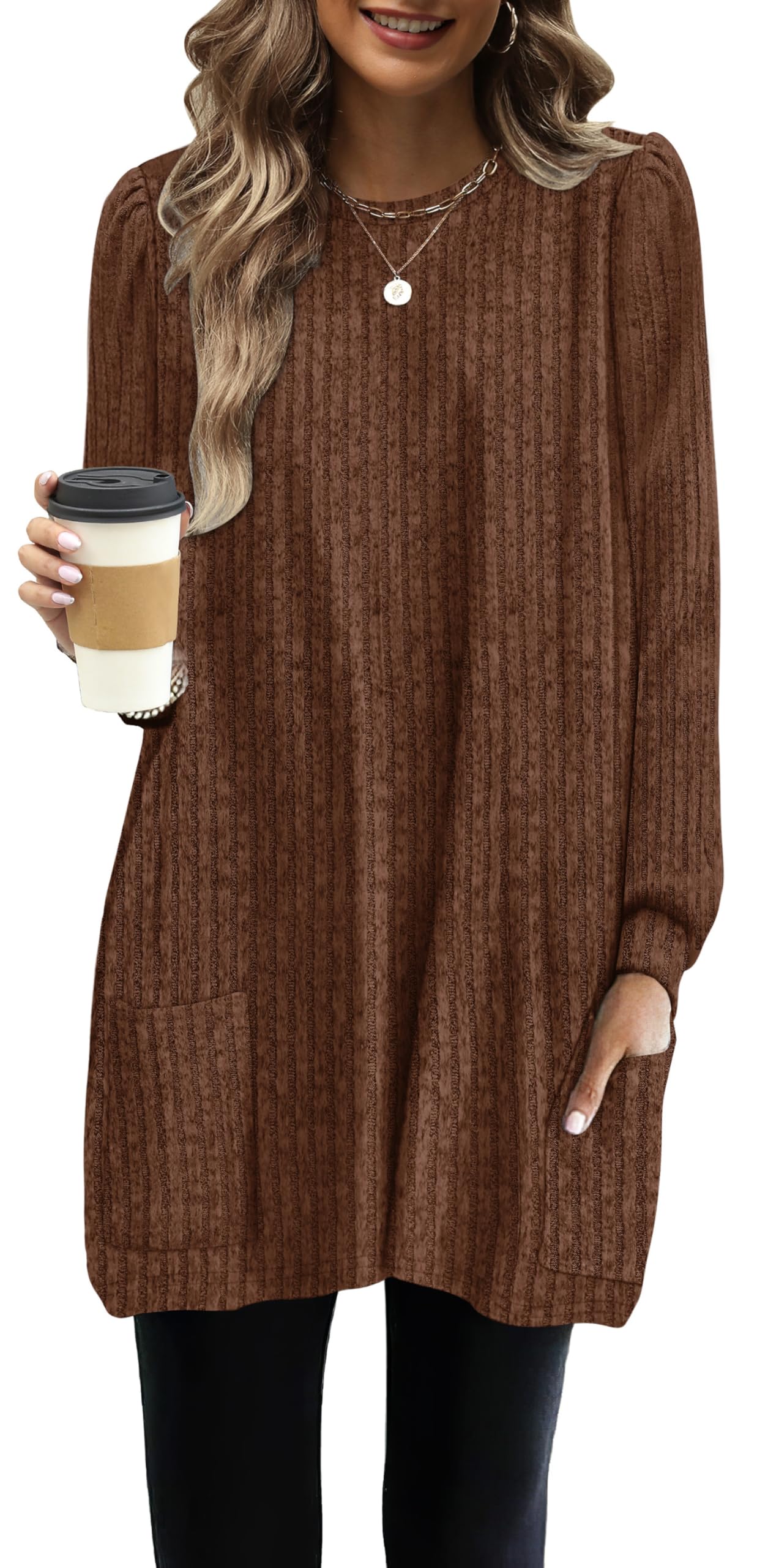 OFEEFAN Long Sleeve Shirts for Women Long Sweaters with Pockets Tunic Tops Loose Fit
