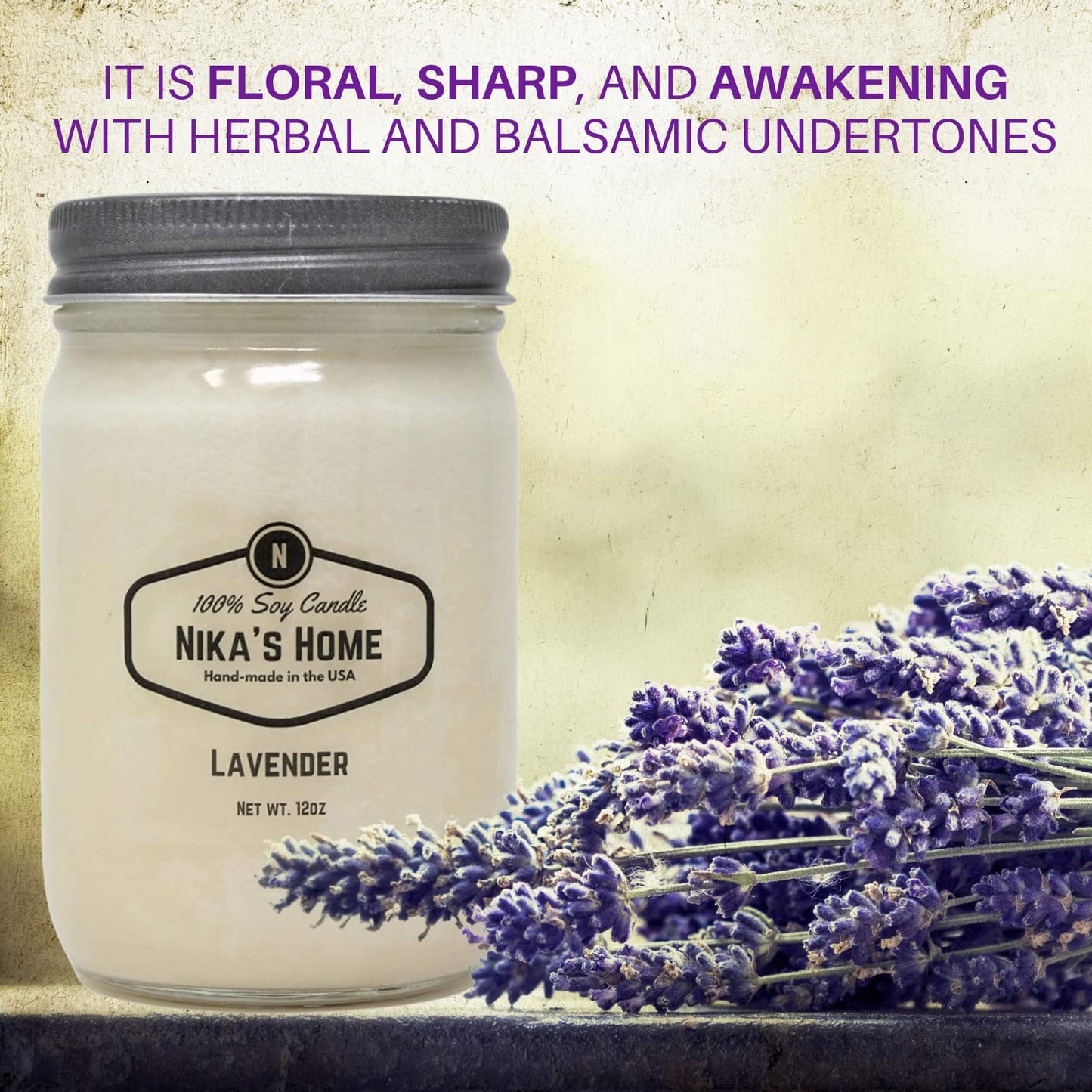 Nika's Home Lavender Soy Candle - 12oz Mason Jar - Non-Toxic - Hand Poured in The USA, Long Burning 50-60 Hours Highly Scented All Natural, Clean Burning
