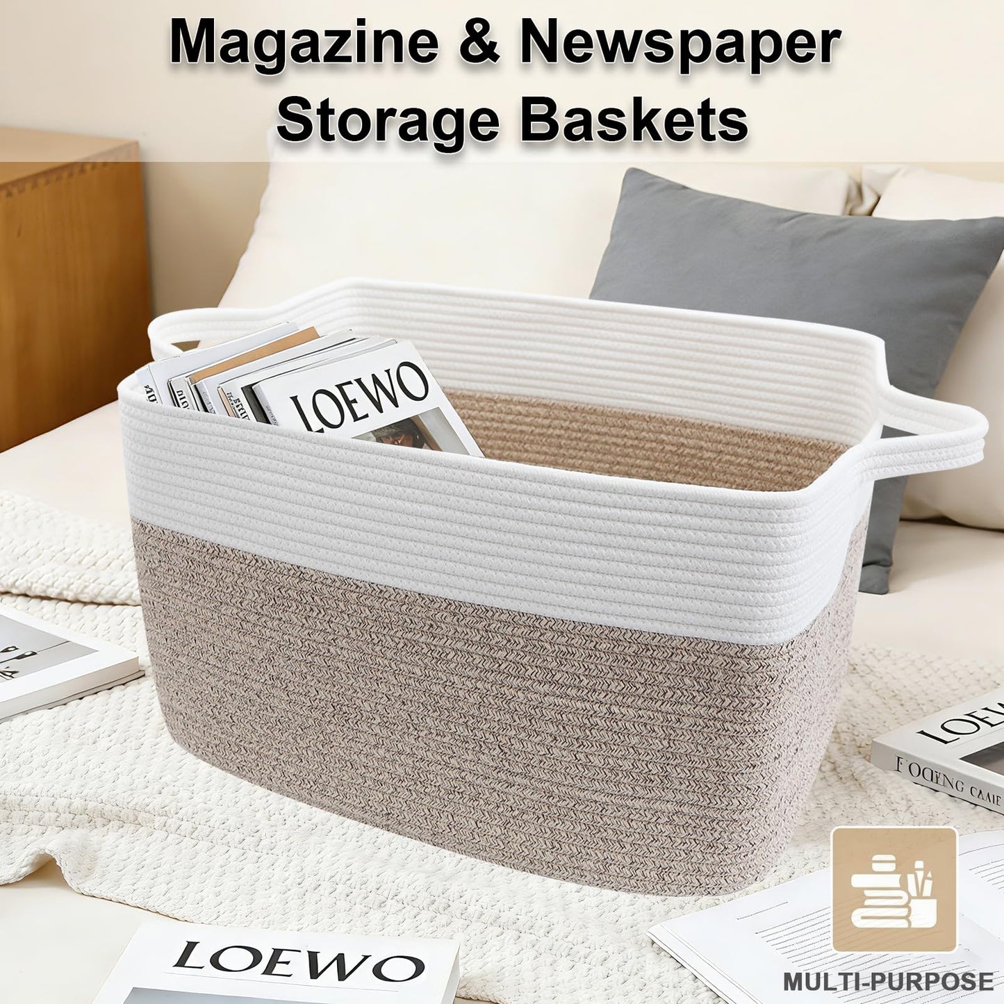 HZFTJOY Large Blanket Basket,Woven Rope Basket Storage Bin with Handles,65L Rectangle Laundry Basket for Magazines,Toys,Clothes,Newspaper Shelf Organization,Nursery and Living Room,White & Brown