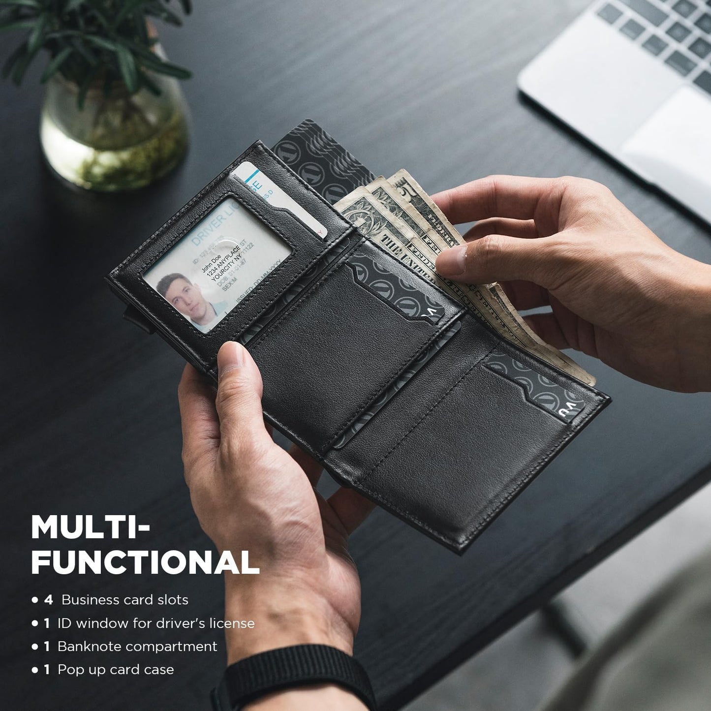 VULKIT Mens Wallet Credit Card Holder Pop up Card Case RFID Blocking Genuine Leather Card Wallet with Banknote Compartment & ID Window… (Top-Grain Cowhide Black)