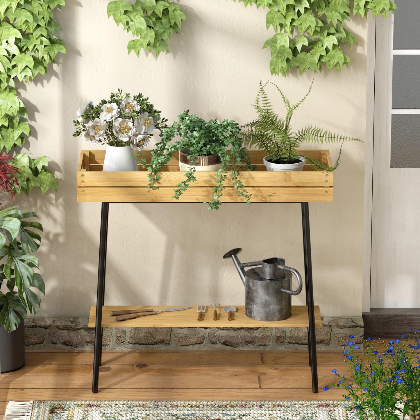 BAMBANG Bamboo Plant Stand Indoor, 2 Tier Wood Small Plant Table, Tall Plant Stand for Indoor Plants, Window Sill Plant Shelf, Flower Pot Holder Plant Bench Plant Rack for Living Room Balcony Outdoor