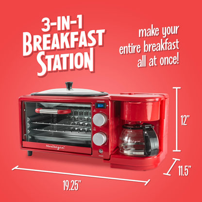 Nostalgia 3-in-1 Breakfast Station - Includes Coffee Maker, Non-Stick Griddle, and 4-Slice Toaster Oven - Versatile Breakfast Maker with Timer - Aqua