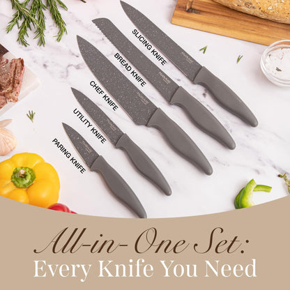 nuovva Professional Kitchen Knife Set – 5Pcs Stainless Steel Grey Granite Knife Set - Sharp & Non Stick Blades Lightweight – Chef, Bread, Utility, Filleting & Paring Tools