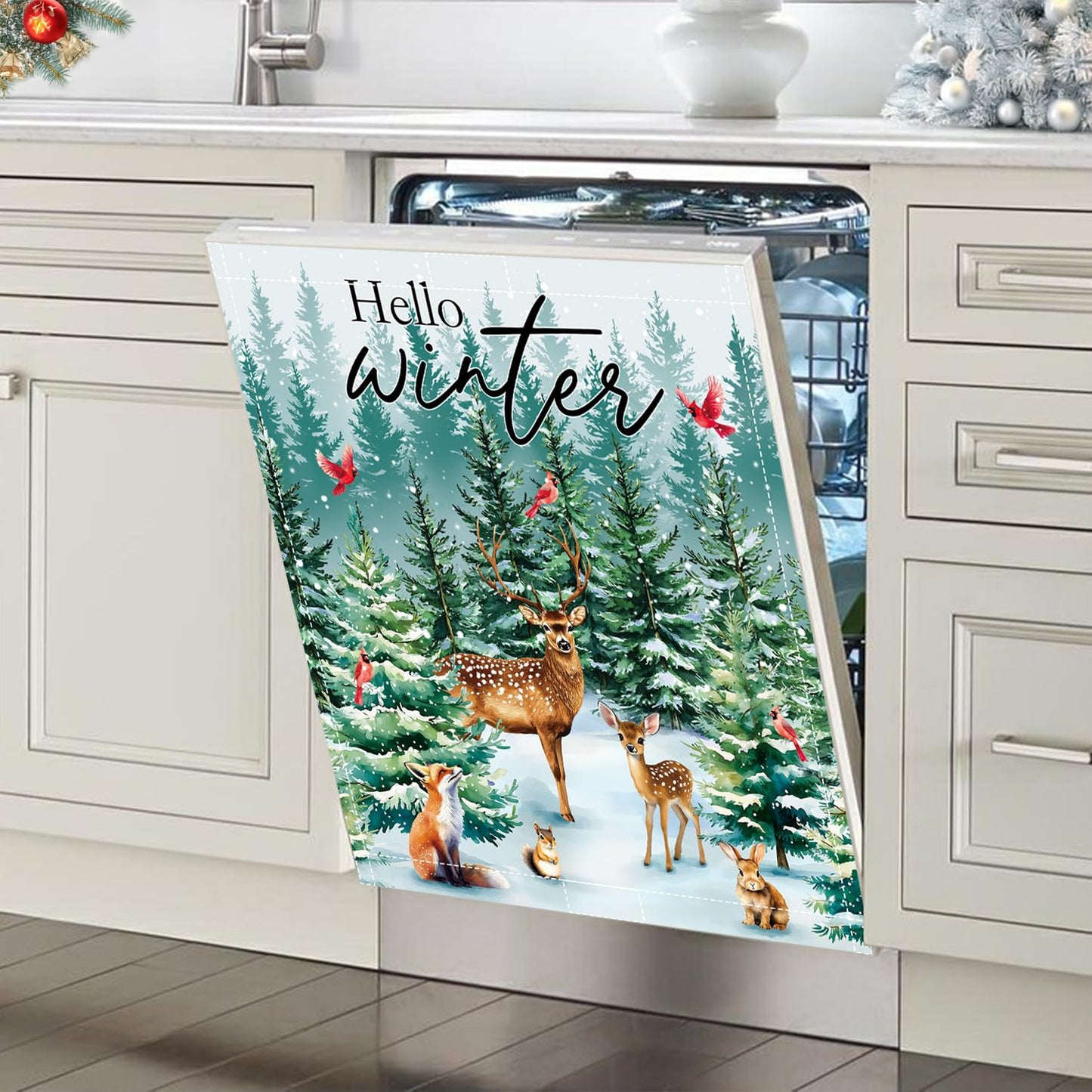 Hello Winter Dishwasher Magnet Cover 23x26in Christmas Dishwasher Cover for Washers Fridge Panel, Cardinal Bird Magnetic Covers for Kitchen, Machine Door Covers Decor, Christmas Deer Kitchen Decor