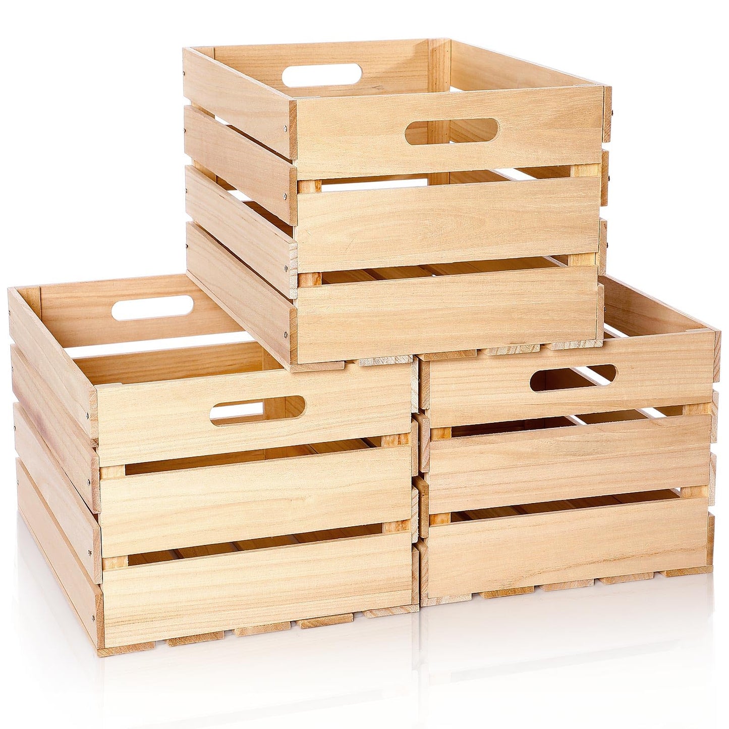 Weysat 3 Pack Large Wood Crates Box for Storage 16 x 12 x 9.5 Inches Unassembled Wooden Milk Crates with Handle Decorative Nesting Box for Winter Display Rustic DIY Office Home Retail Art Craft (Wood)