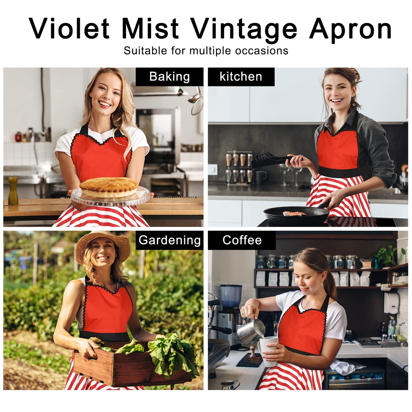 Violet Mist Lovely Retro Kitchen Aprons Women Girl Red Sweetheart Striped Apron for Ladies Cute Lace Apron Vintage Apron Red Christmas Apron 1950s French Maid Cooking Apron Adjustable Waist Mom Gift