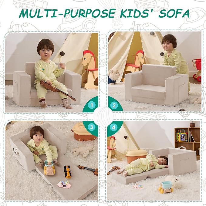 Kids Couch, 2-in-1 Toddler Chair Comfy 1-3 Years, Convertible Kids Chair