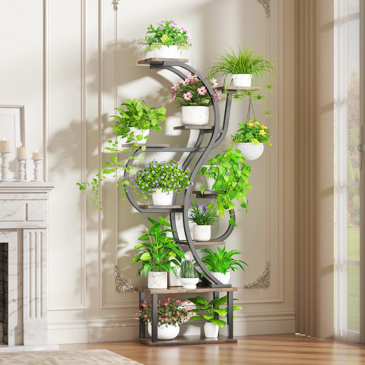 runjuly Plant Stand Indoor with Grow Light, 9 Tiered Indoor Plant Stand, 68" Tall Flower Stand Plant Shelf Indoor, Double S Shape Plant Holder, Versatile Plant Hanger for Living Room, Bedroom, Patio