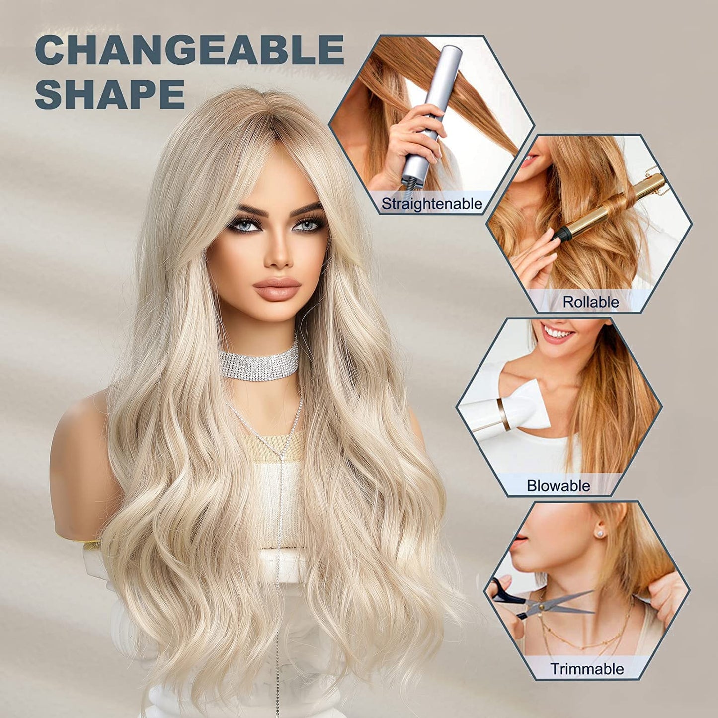 Esmee Long Wavy Blonde Wigs for Women Natuaral Synthetic Hair Heat Resistant Ombre Wig for Daily Party Cosplay Use