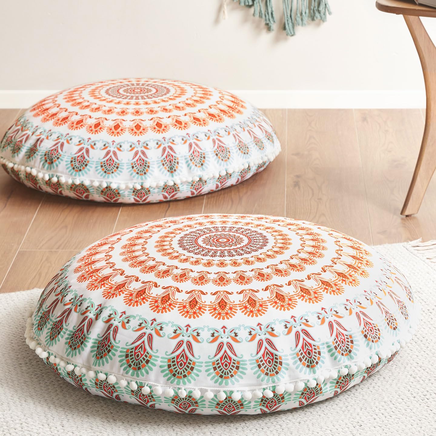 Codi Floor Pillows for Adults & Teens Set of 2, Large Boho Meditation Cushions with Memory Foam, Round Mandala Seating for Yoga, Home Office, Dorm Room, Washable, 32 Inch, Coral