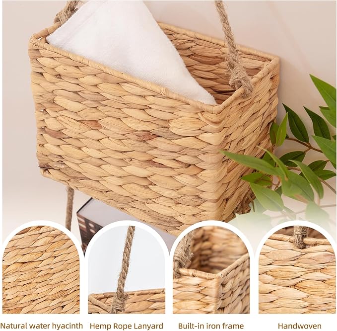 YAHUAN Water Hyacinth Hanging Basket 2-Tiered Woven Wicker Wall Basket Organizer