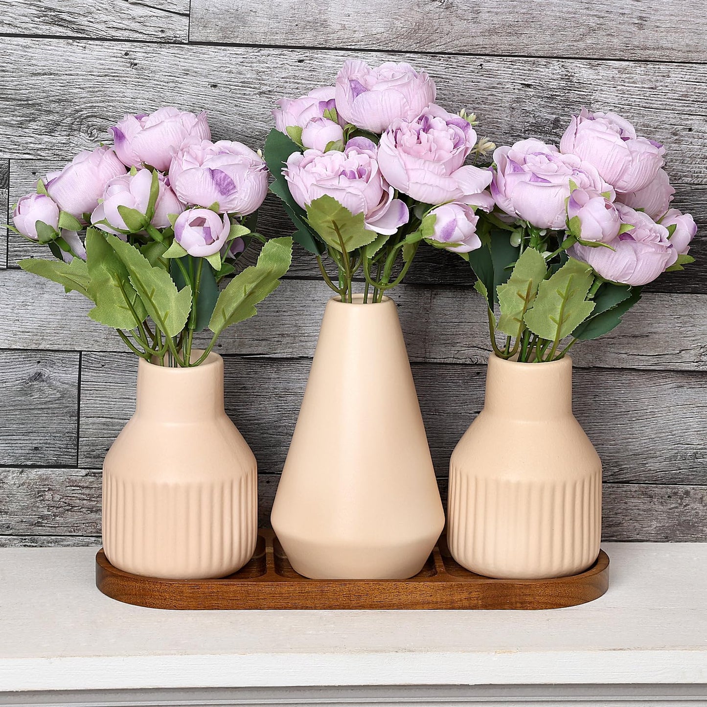 Nagobi Flower Table Centerpiece - Dining Table Centerpiece Decor Set of 3 Fake Peonies in Ceramic Vases & Wood Tray Modern for Kitchen Island Living Room Coffee Table Home Decor (Light Purple)