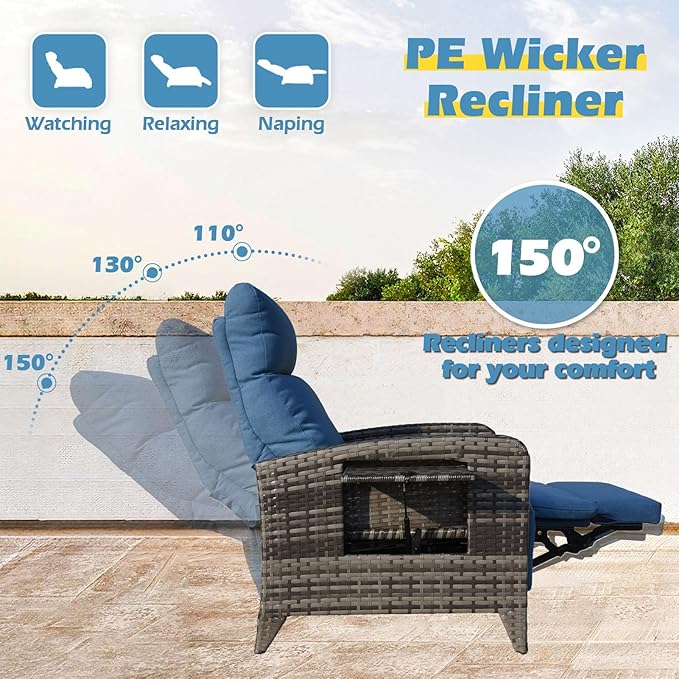 Upgraded Outdoor Recliner Chair, Reclining Patio Chairs with Adjustable Back up to 150°Lay Flat and Extended Footrest, Wicker Recliner Chairs with Flip Table and Removable Olefin Cushion