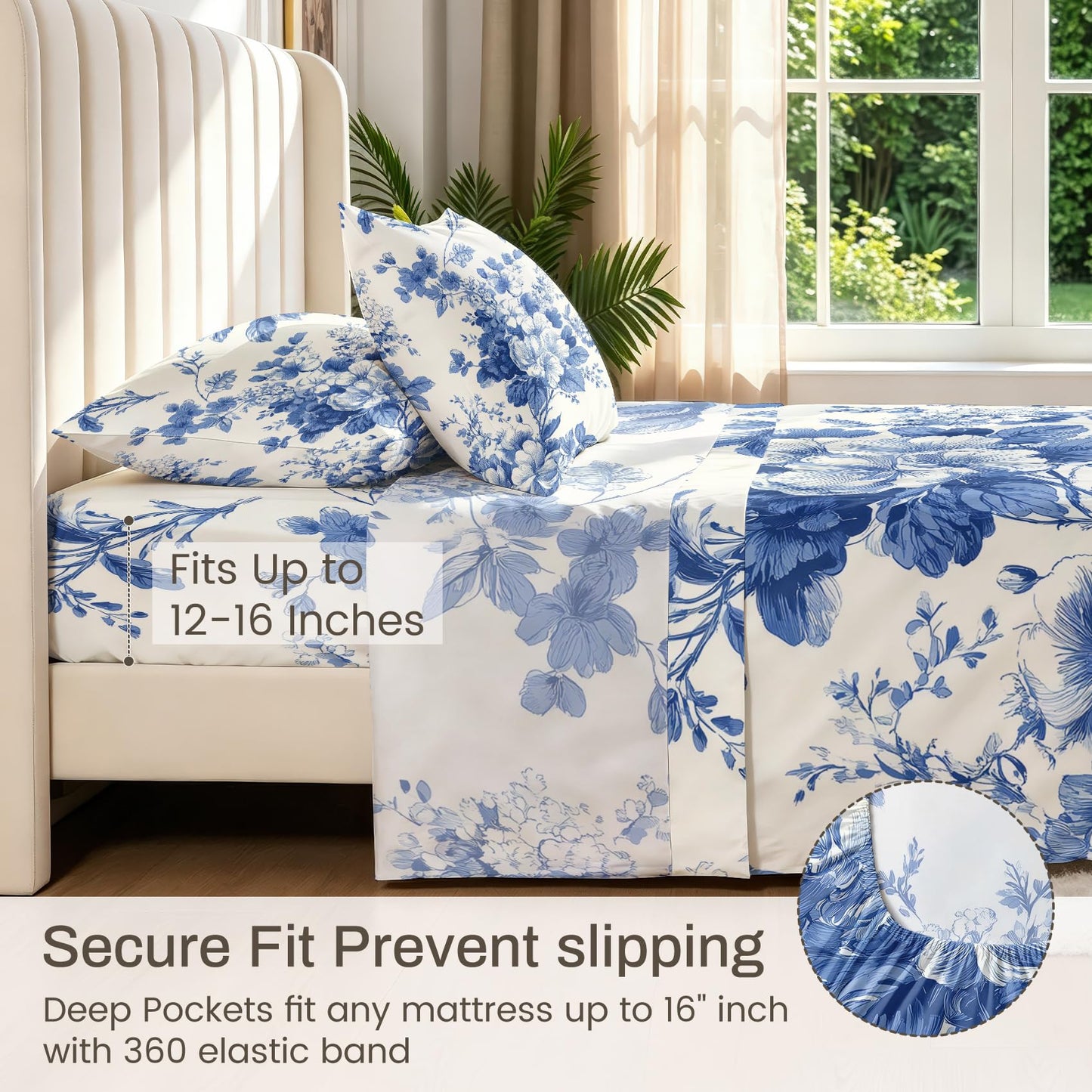 Blue White Floral California King Sheet Set 4 Pcs Chinoiserie Bed Sheets