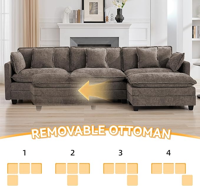 111'' Sectional Cloud Deep Seat Couch, Modern Comfy Chenille L Shaped Sectional