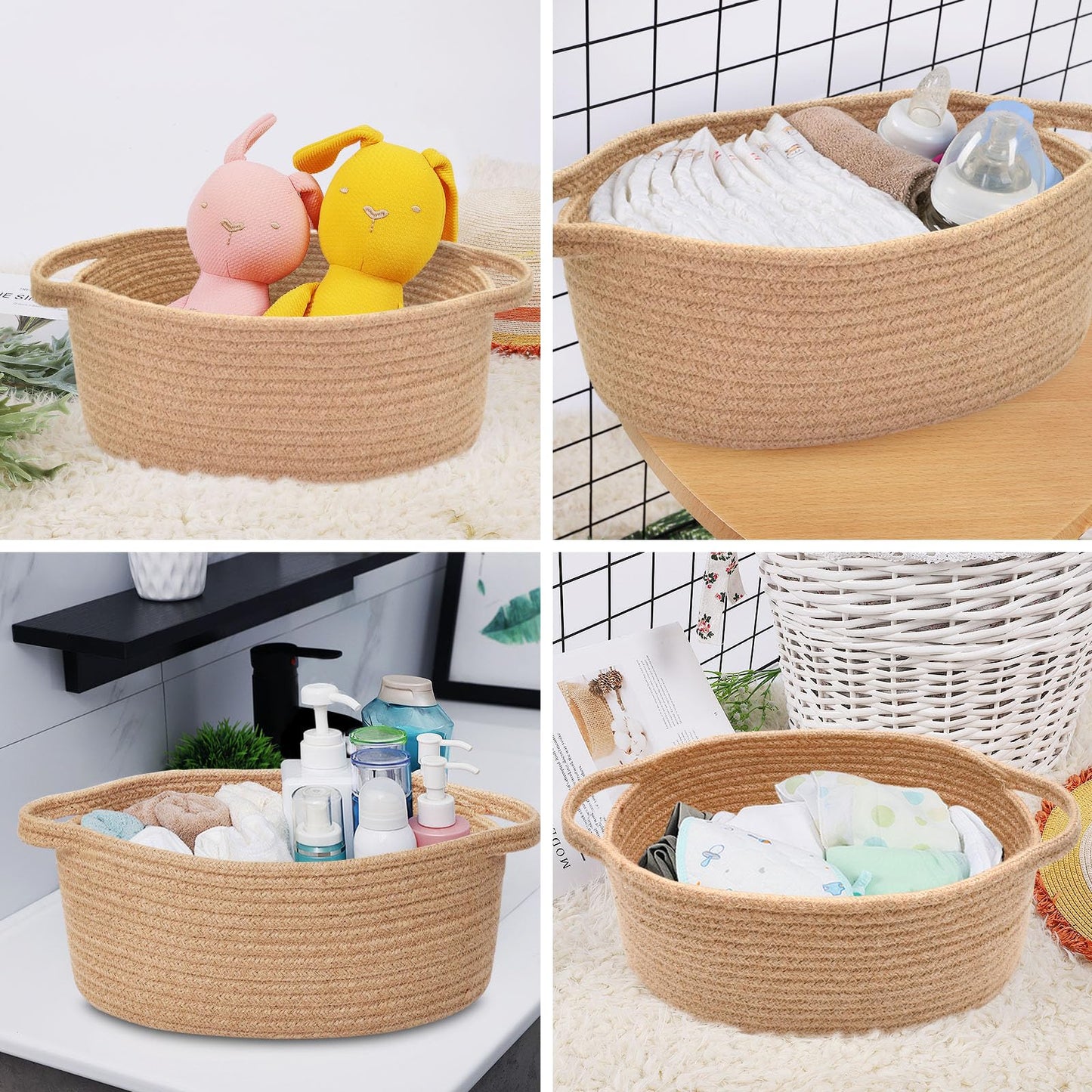 ABenkle Small Basket with Handles, Boho Decorative Rope Woven Dog Cat Toy Storage Bin Shelf Storage Organizer, Easter Christmas Gift Basket, 12"x8"x5"