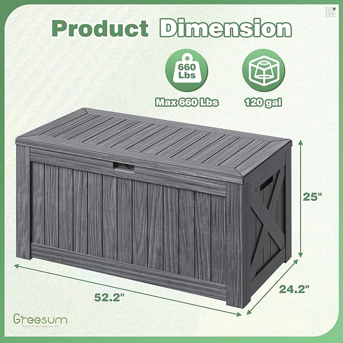Greesum Outdoor Storage Box 120 Gallon Storage Bin with Lid for Patio Furniture, Garden Tools, Pool Supplies, Lockable, Waterproof and UV Resistant, Gray