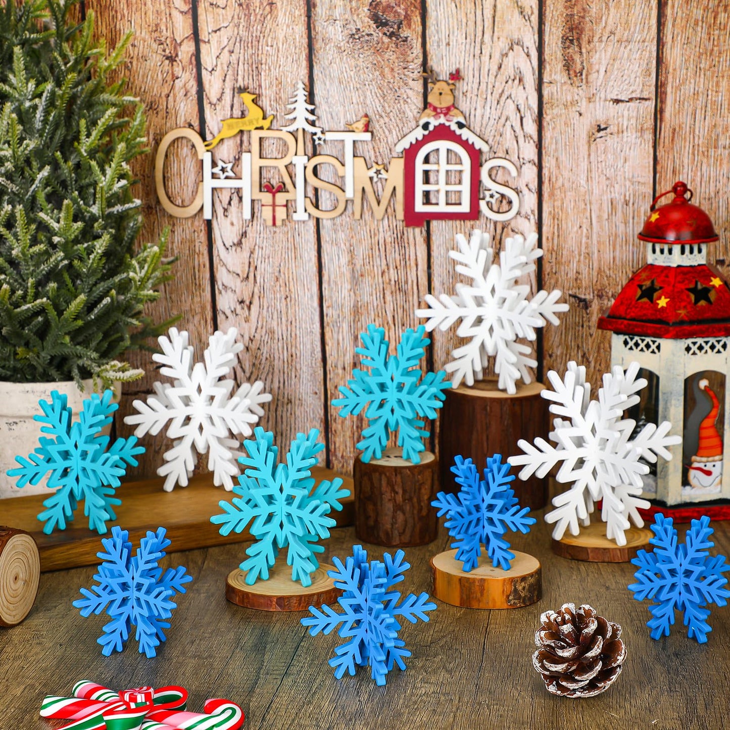 Qunclay 20 Pcs Wooden Snowflake Decorations 3D Snowflake Tabletop Decor Winter Signs and Centerpiece for Winter Wonderland Decorations Xmas Tiered Tray Decor(Dark Blue, Light Blue, White)