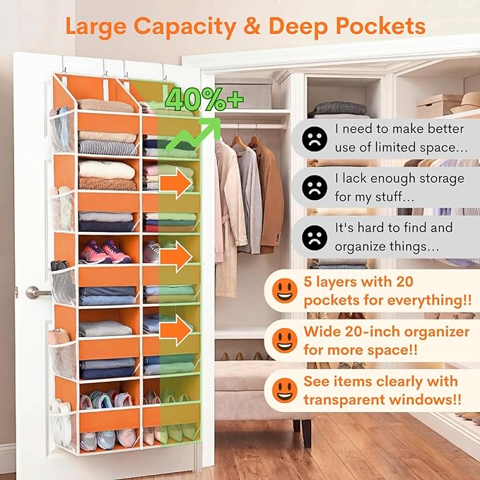 Over The Door Organizer 5 Tiers, Extra Large Behind Door Storage of 10