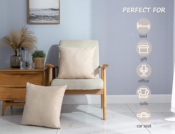 Stellhome Linen Throw Pillow Covers Square Solid Burlap Cushion Covers
