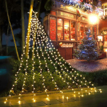MINIAO Christmas Star String Lights, 320 LED Waterfall Tree Lights with 13" Topper Star 8 Lighting Modes Indoor Outdoor Halloween Decorations for Holiday, Wedding, Party (Warn White)