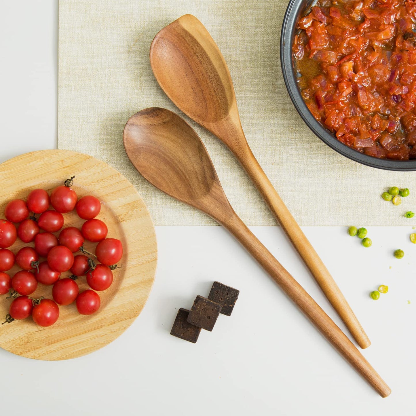MornHalo 2PCS Acacia Wooden Spoons For Cooking-14 Inch Smooth Finish Cooking Spoons-Comfortable Grip Wood Spoons for Cooking - Non-Stick Cooking Utensils (Spoon + Corner spoon)